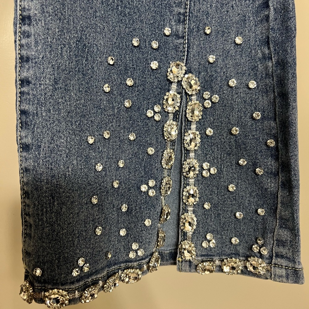 A.Z.I Blue Jewel & Rhinestone Embellished Flare Front Slit Jeans - 12 - Picture 8 of 11